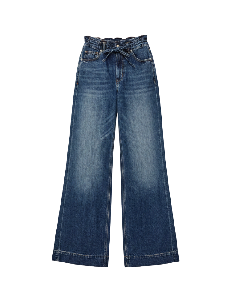 wide leg denim pant with denim drawstring tie