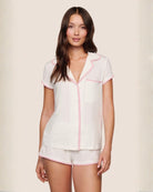 short sleeve short pj set in white with pink piping