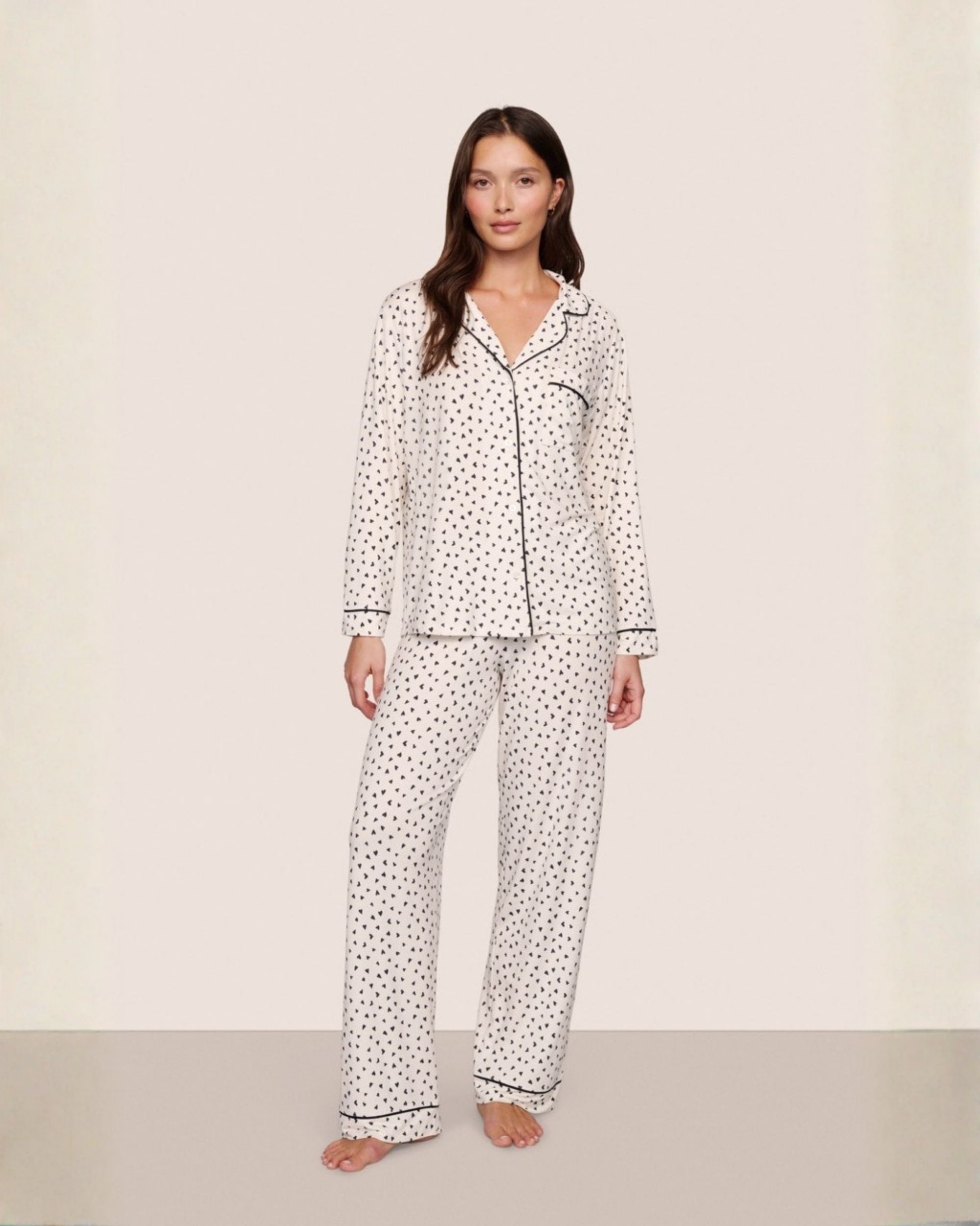 long sleeve pant modal pj set in white with black hearts all over by Eberjey