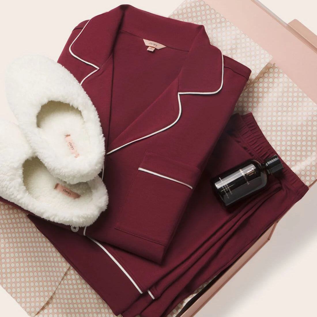 Maroon pajama set with white piping