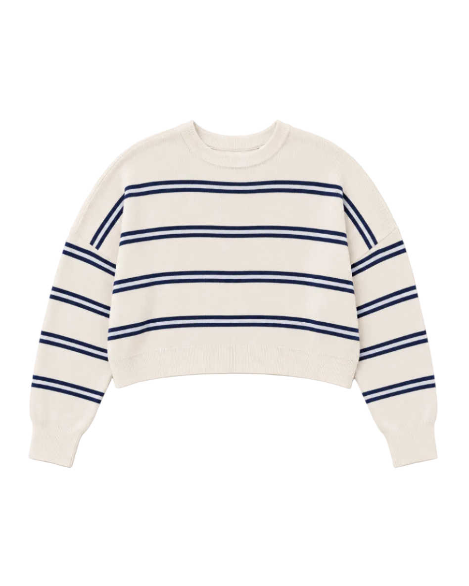 cream sweater with a dark and light blue stripe