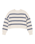 cream sweater with a dark and light blue stripe