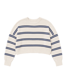 cream sweater with a dark and light blue stripe