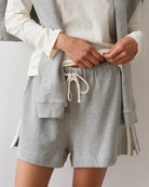 lounge short with cream stripe down the side and a drawstring waist