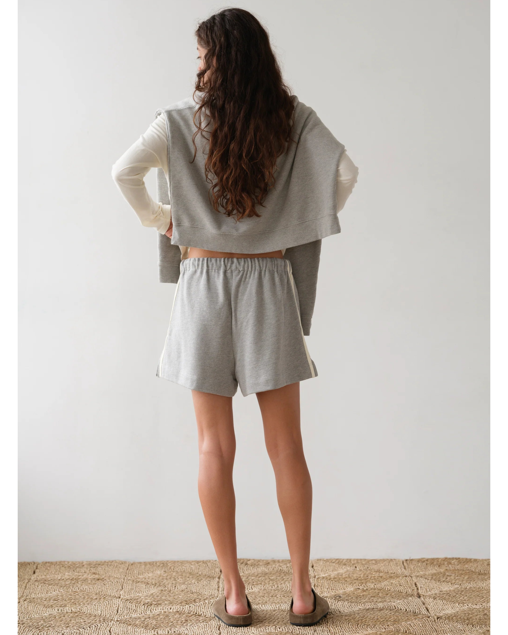 lounge short with cream stripe down the side and a drawstring waist