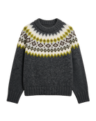 grey knit sweater with green and grey fair isle design on the top
