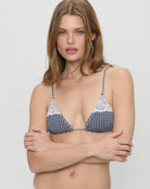 blue and white gingham bikini top with white lace on the top