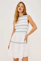white mini dress wth blue details