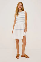 white mini dress wth blue details