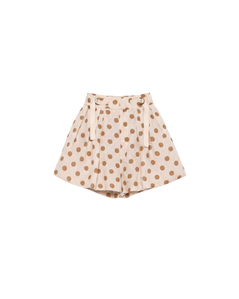 cream bubble shorts with brown polka dots