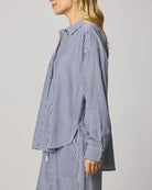 navy and white stripe button down shirt