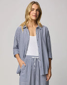 navy and white stripe button down shirt