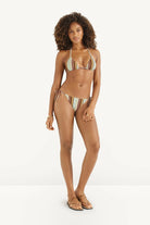 bikini bottoms with a tie on the side in a brown, blue and beige stripe