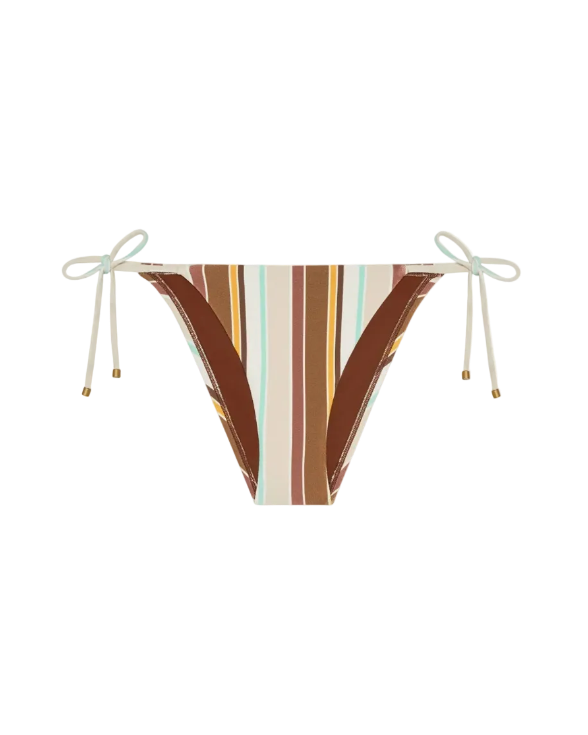 bikini bottoms with a tie on the side in a brown, blue and beige stripe