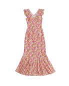 maxi dress with a pink, green and yellow floral print 
