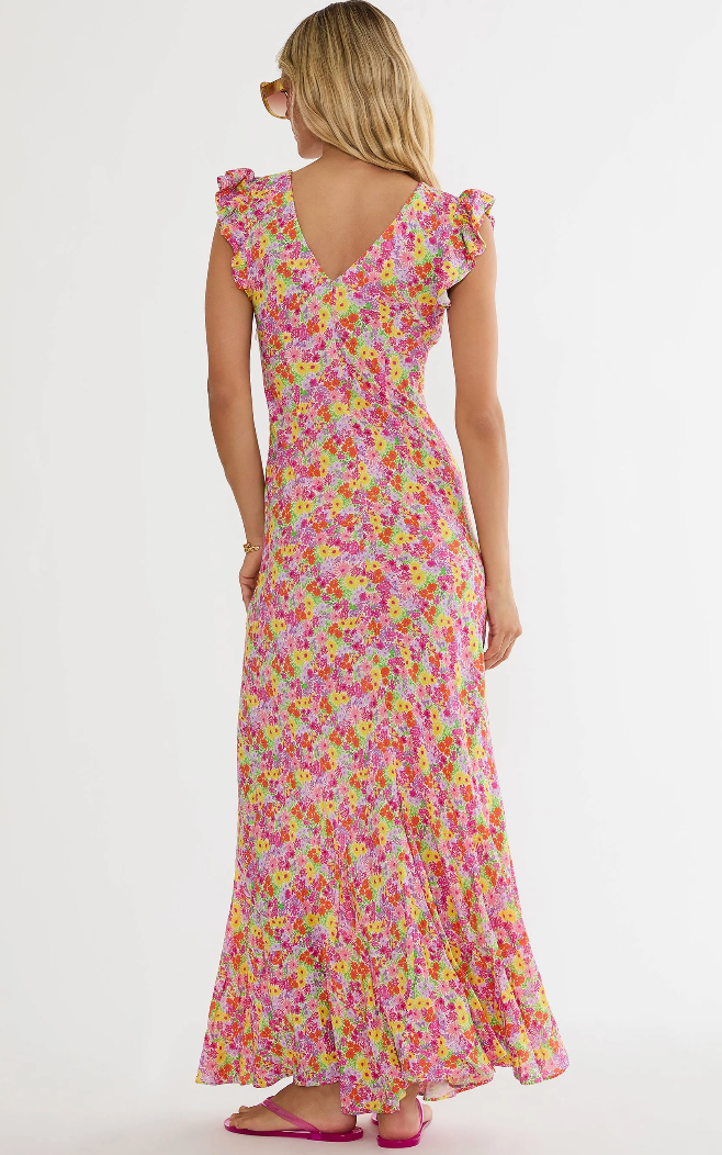 maxi dress with a pink, green and yellow floral print 