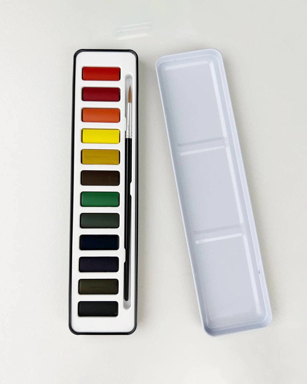 Set of watercolor paints with a brush and open case