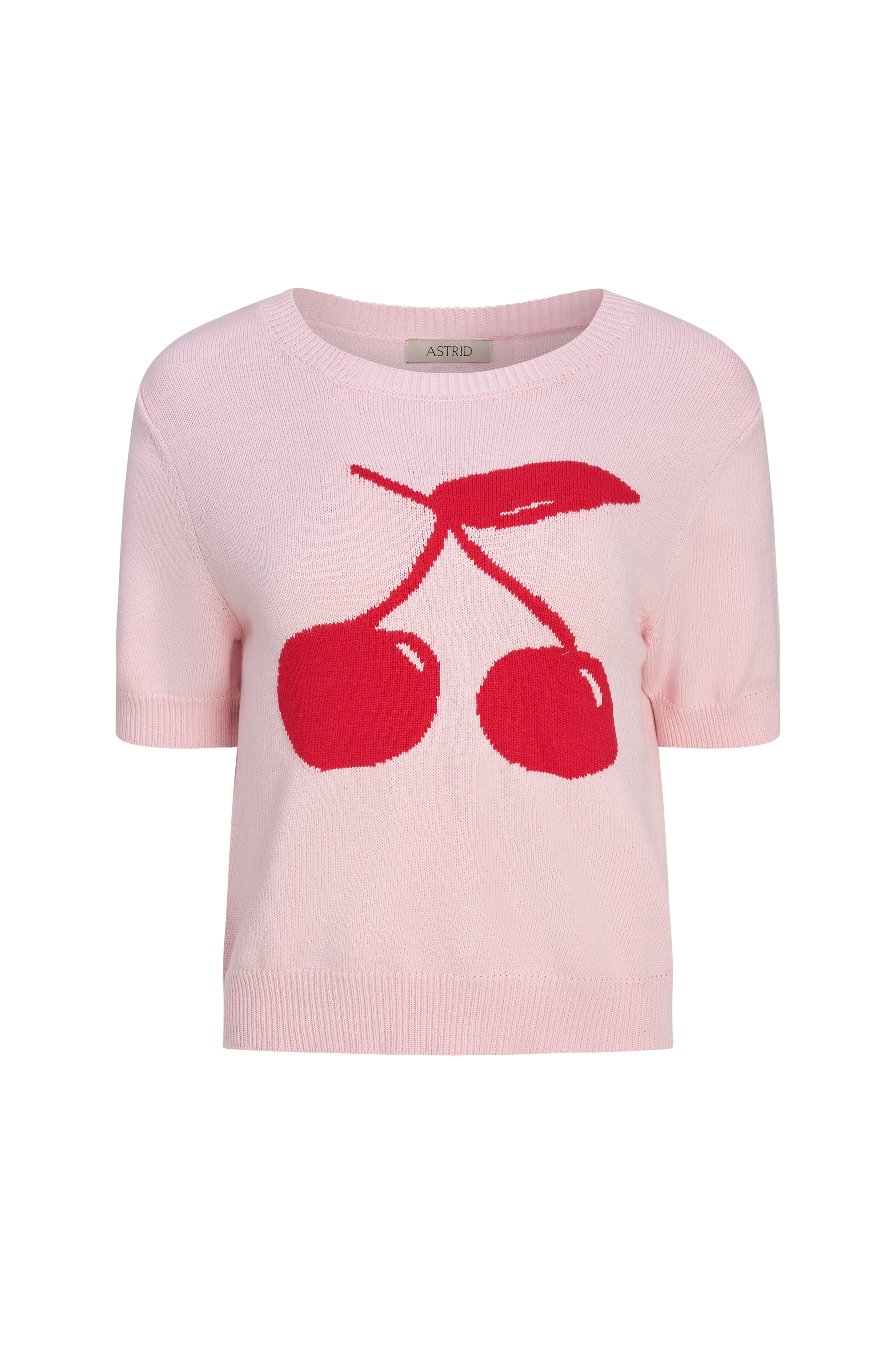 pink short sleeve sweater with red cherries on the front