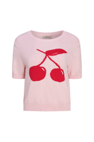 pink short sleeve sweater with red cherries on the front