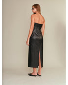 black faux leather midi strapless dress 