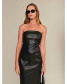black faux leather midi strapless dress 