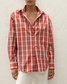 red and white checkered button up blouse