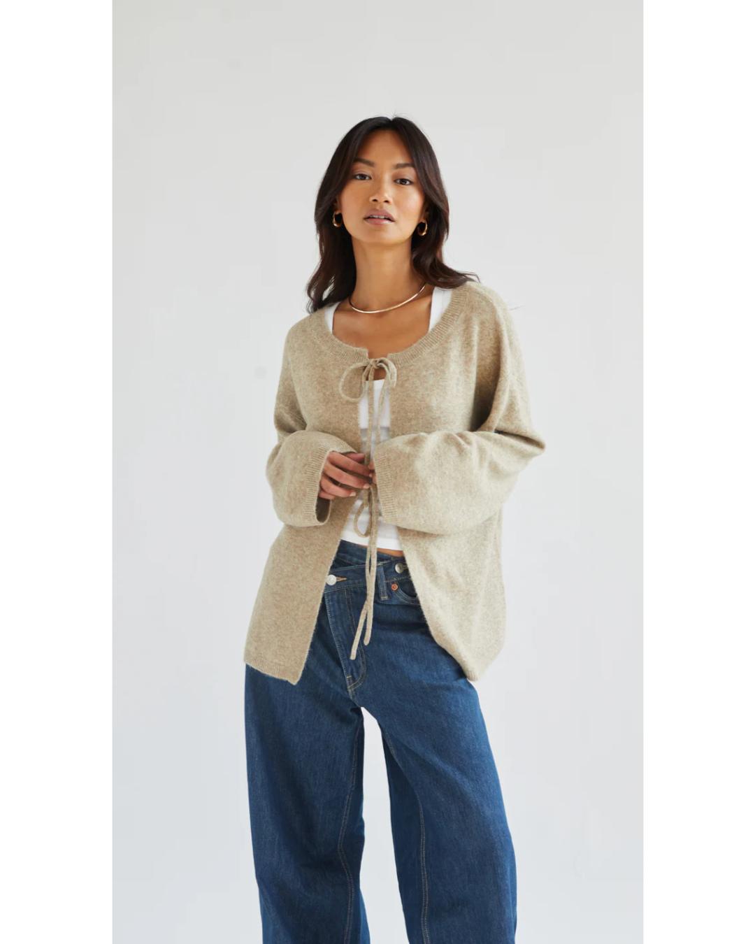 beige cardigan with two ties