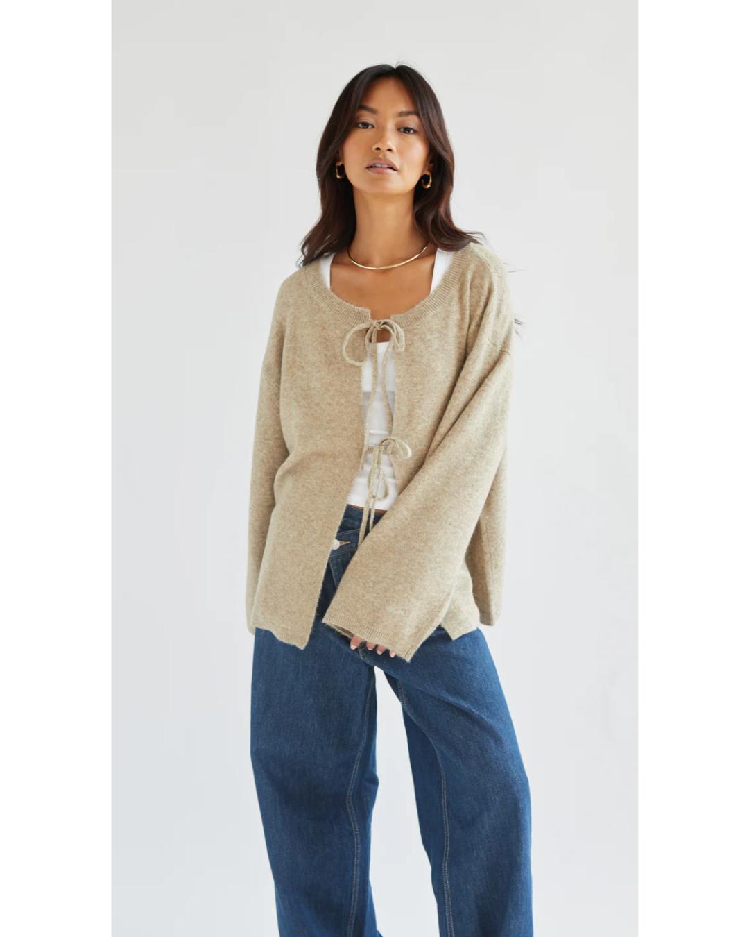 beige cardigan with two ties