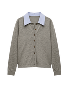 grey cardigan with blue and white stripe blouse collar and cuff