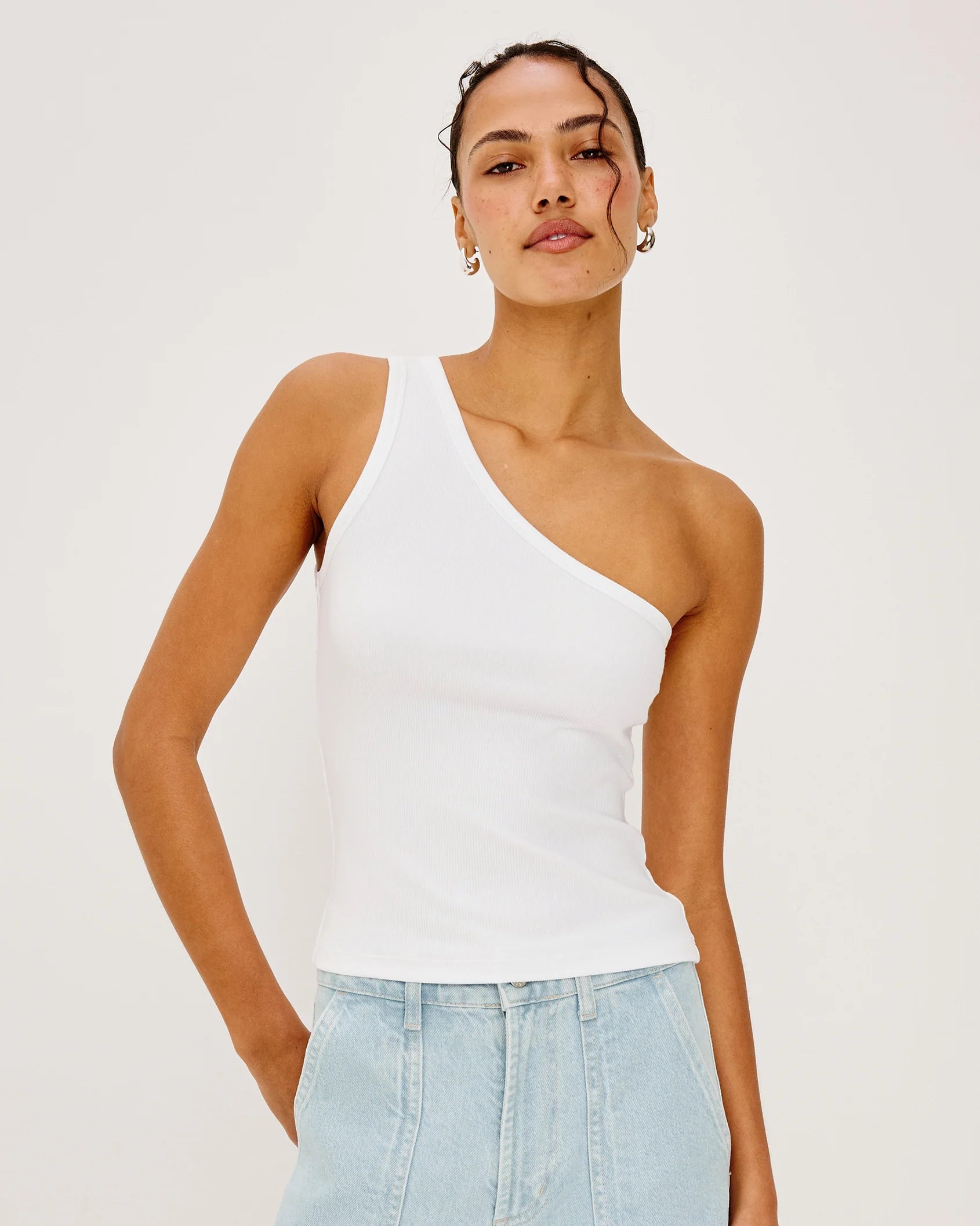 white ribbed one shoulder tank top