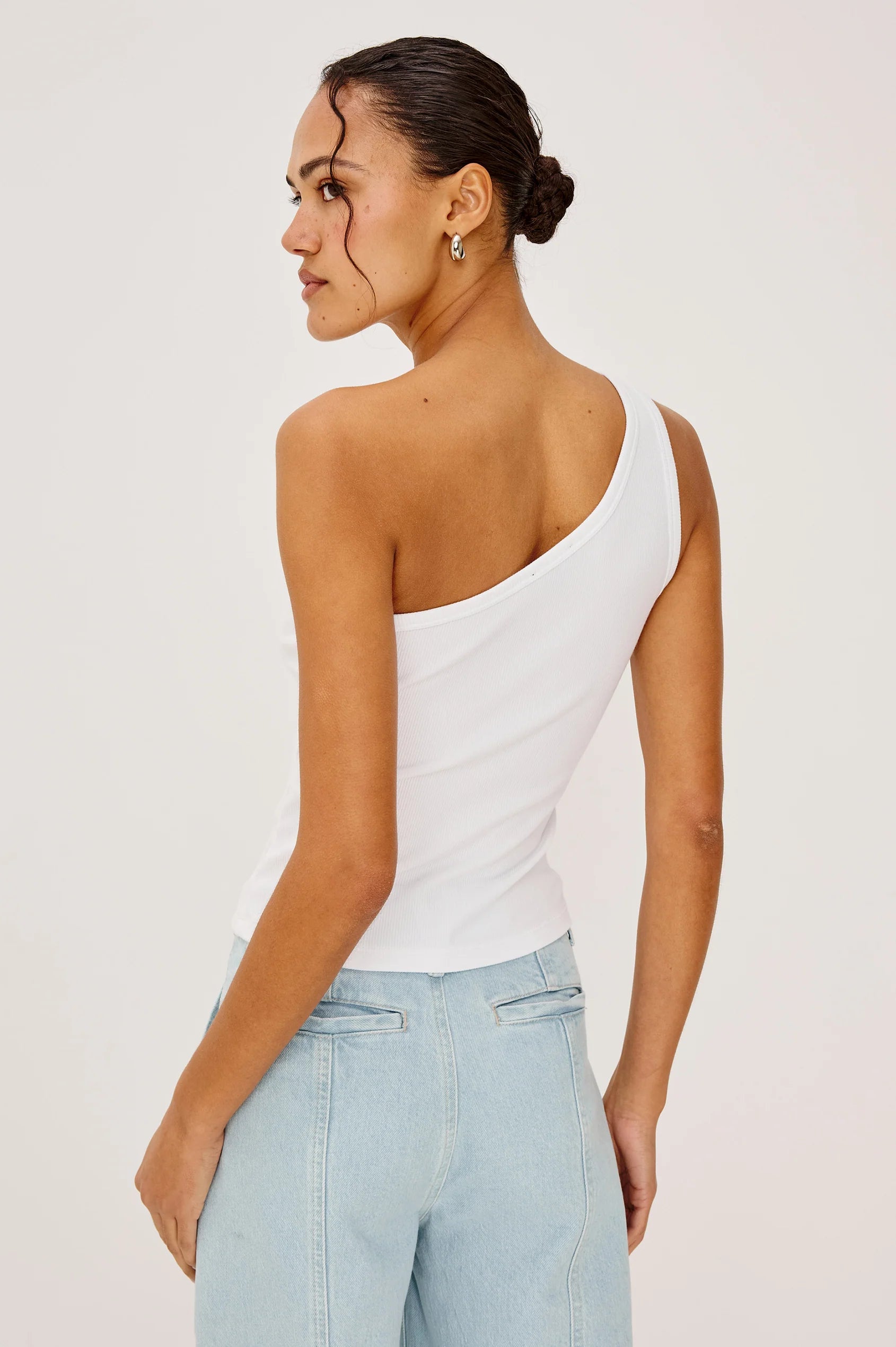 white ribbed one shoulder tank top