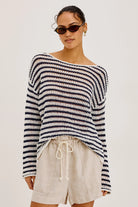 white and navy stripe knit sweater