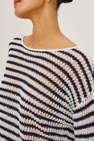 white and navy stripe knit sweater