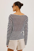 white and navy stripe knit sweater
