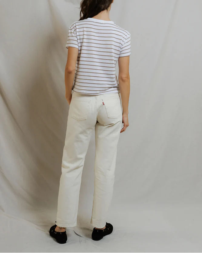 white and beige stripe t-shirt