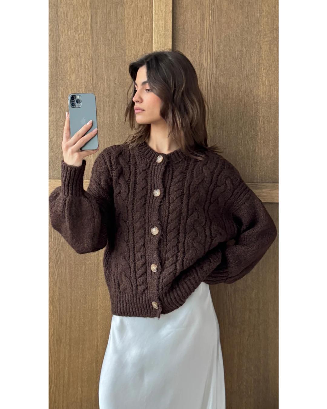 brown cable knit cardigan