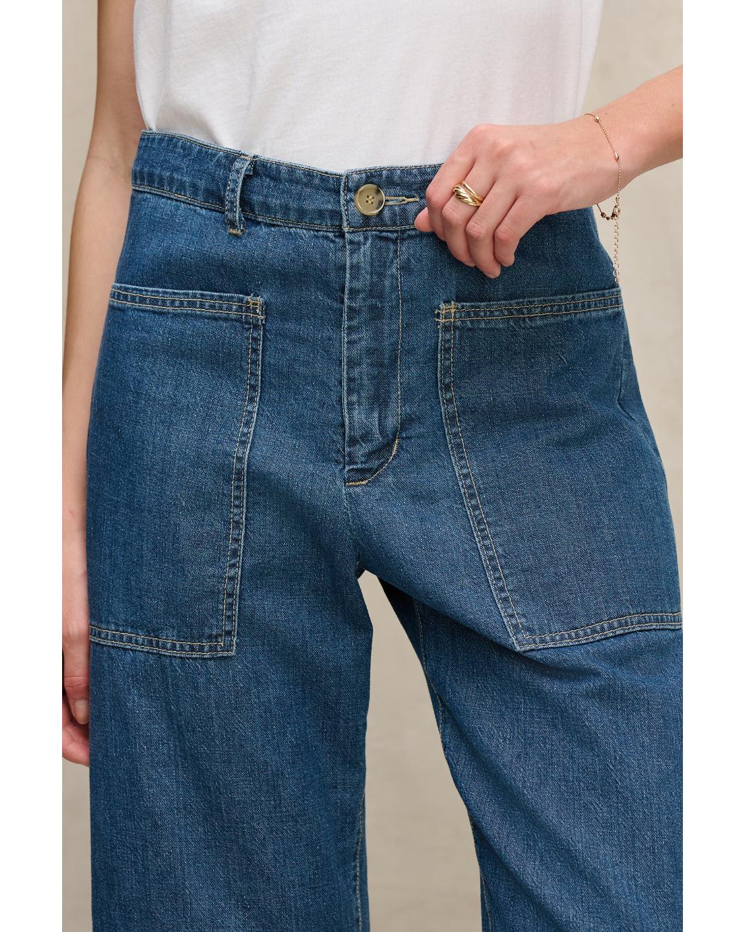 blue jeans with a barrel leg