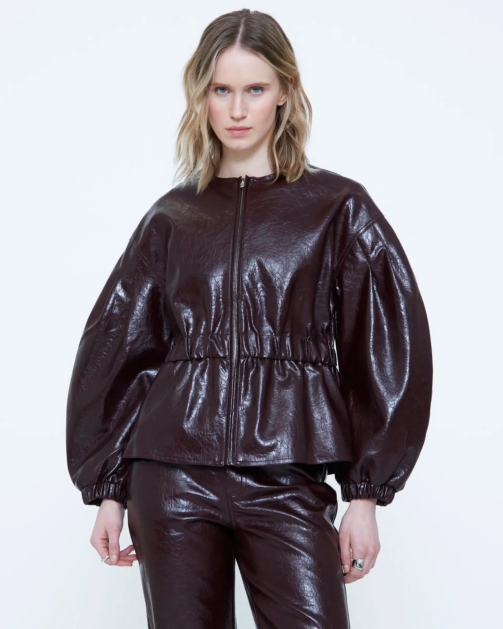 faux leather burgundy jacket with balloon sleeves