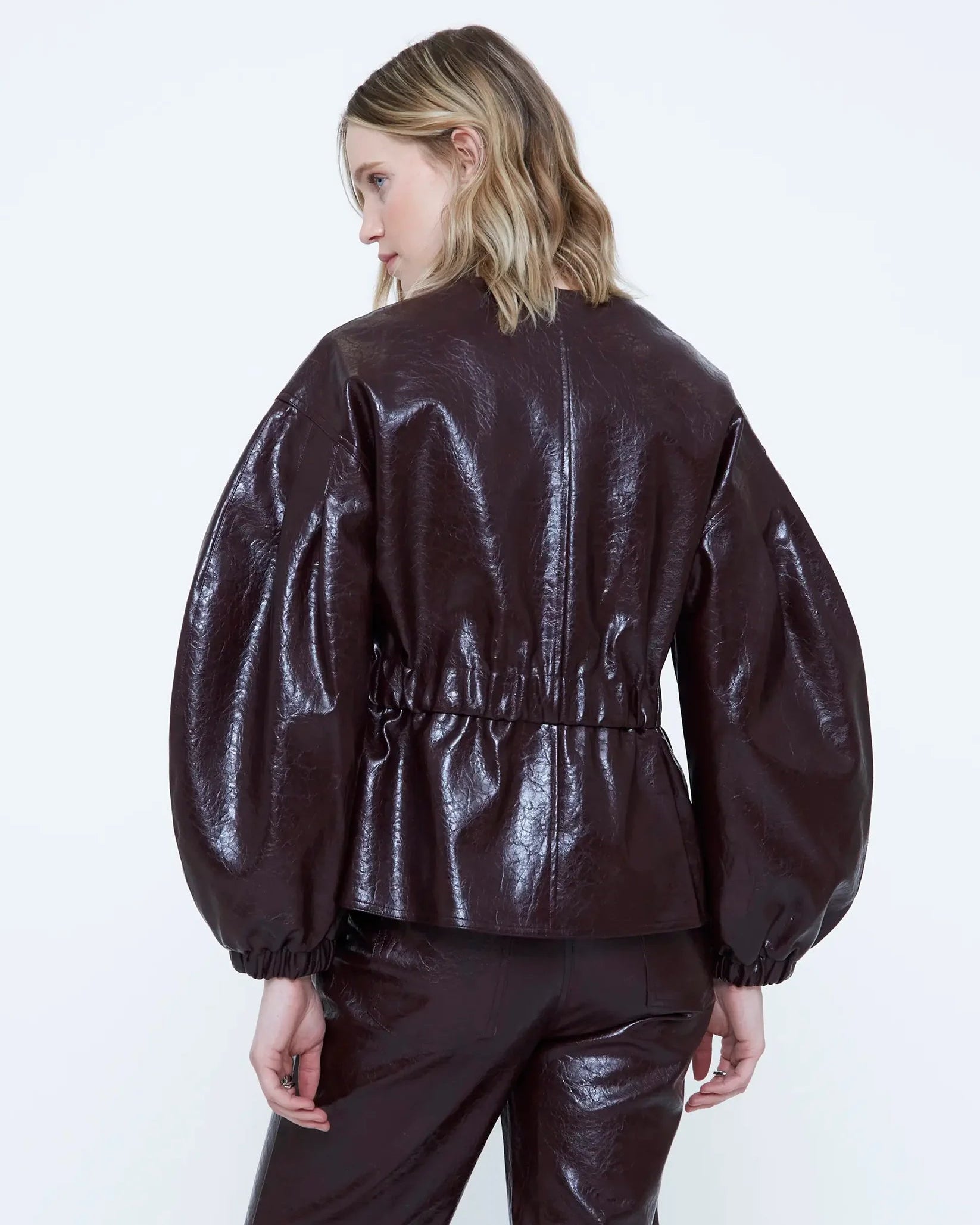faux leather burgundy jacket with balloon sleeves