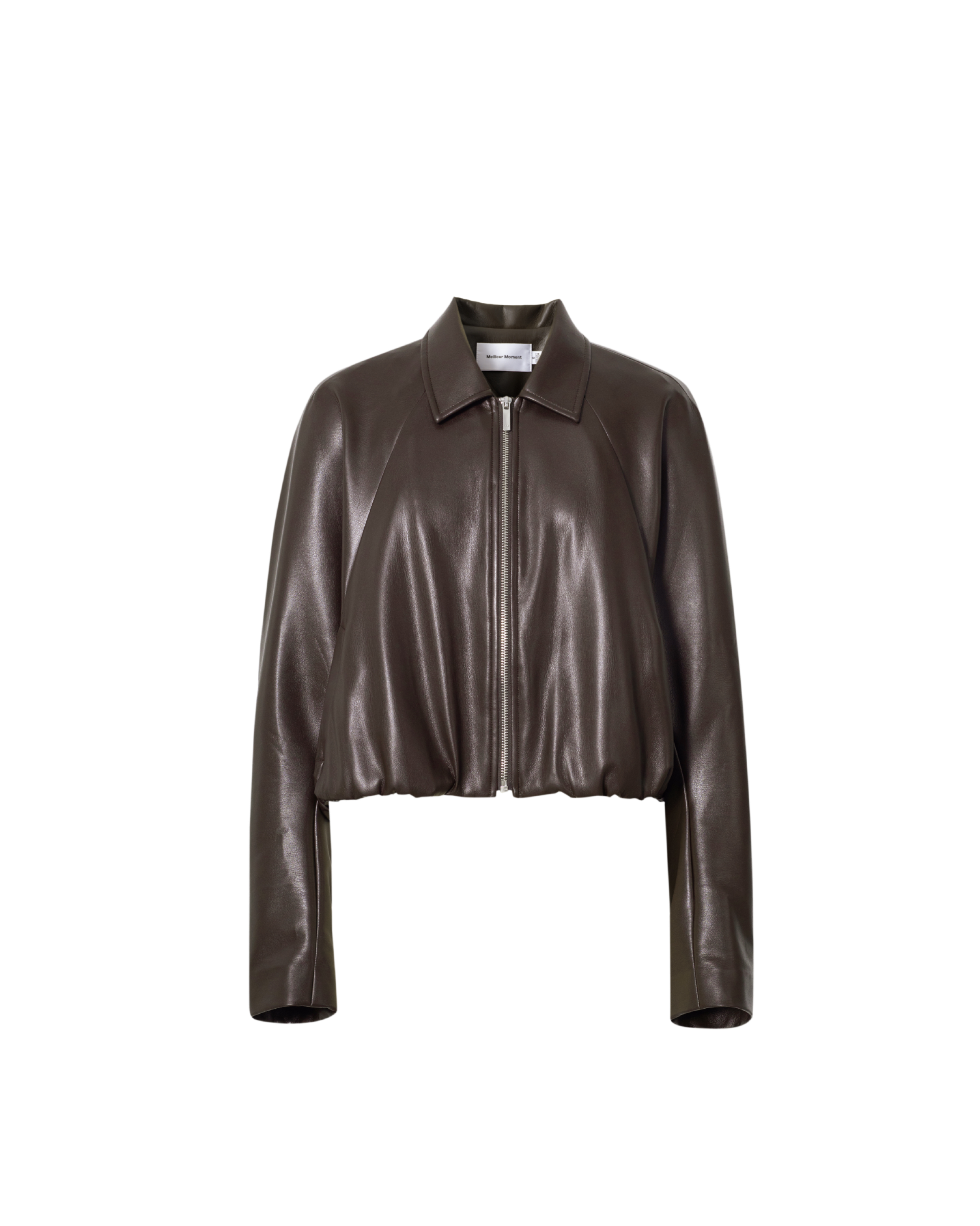 dark maroon faux leather jacket with a bubbled waist and collar