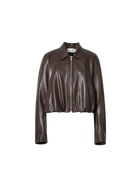 dark maroon faux leather jacket with a bubbled waist and collar