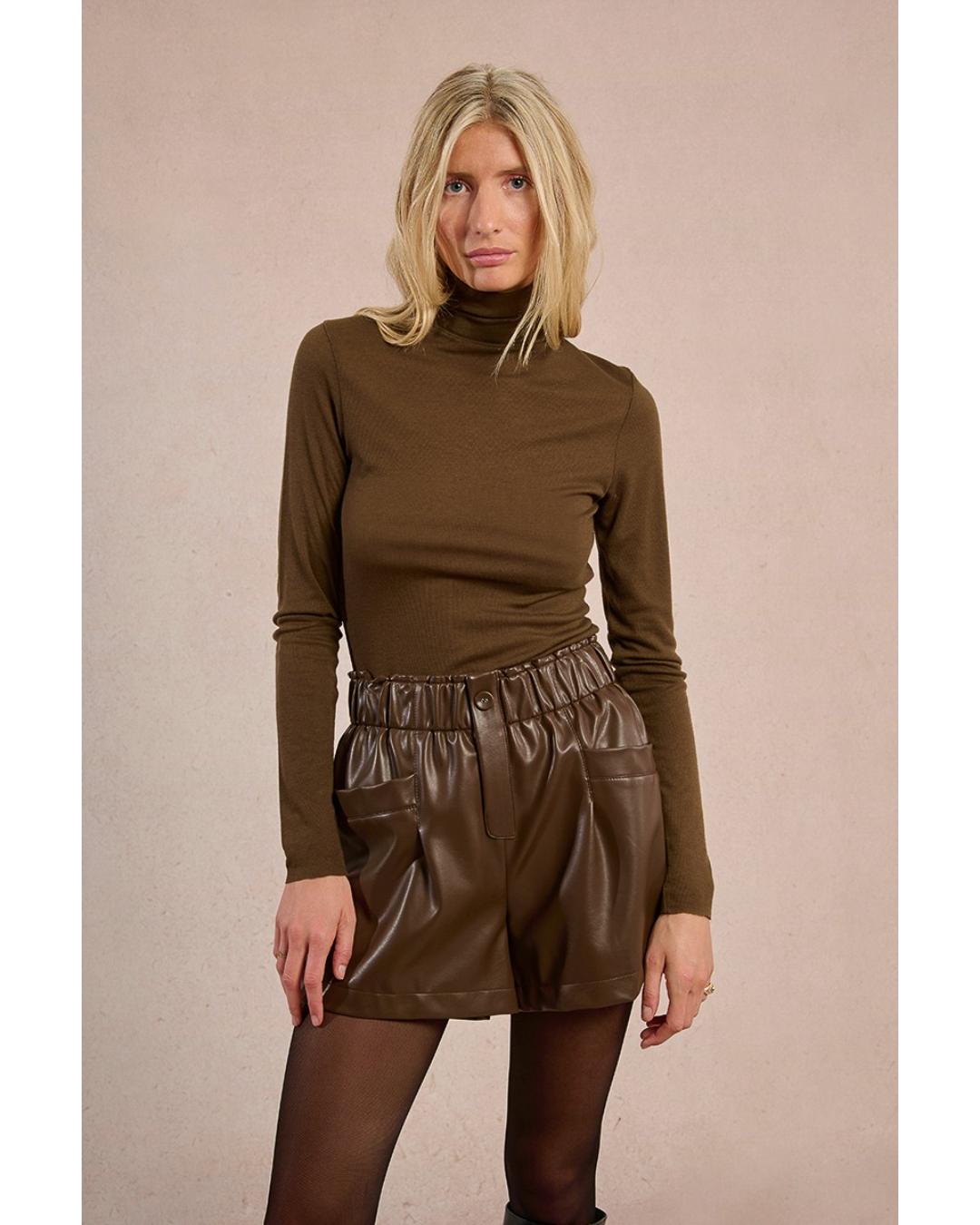 faux leather brown shorts with elastic waist