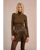 faux leather brown shorts with elastic waist