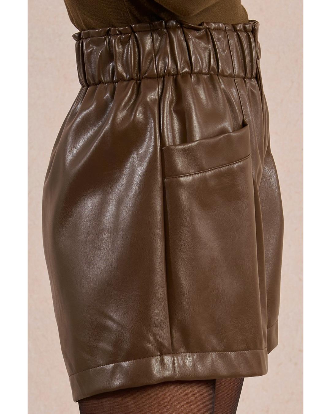 faux leather brown shorts with elastic waist
