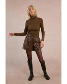 faux leather brown shorts with elastic waist