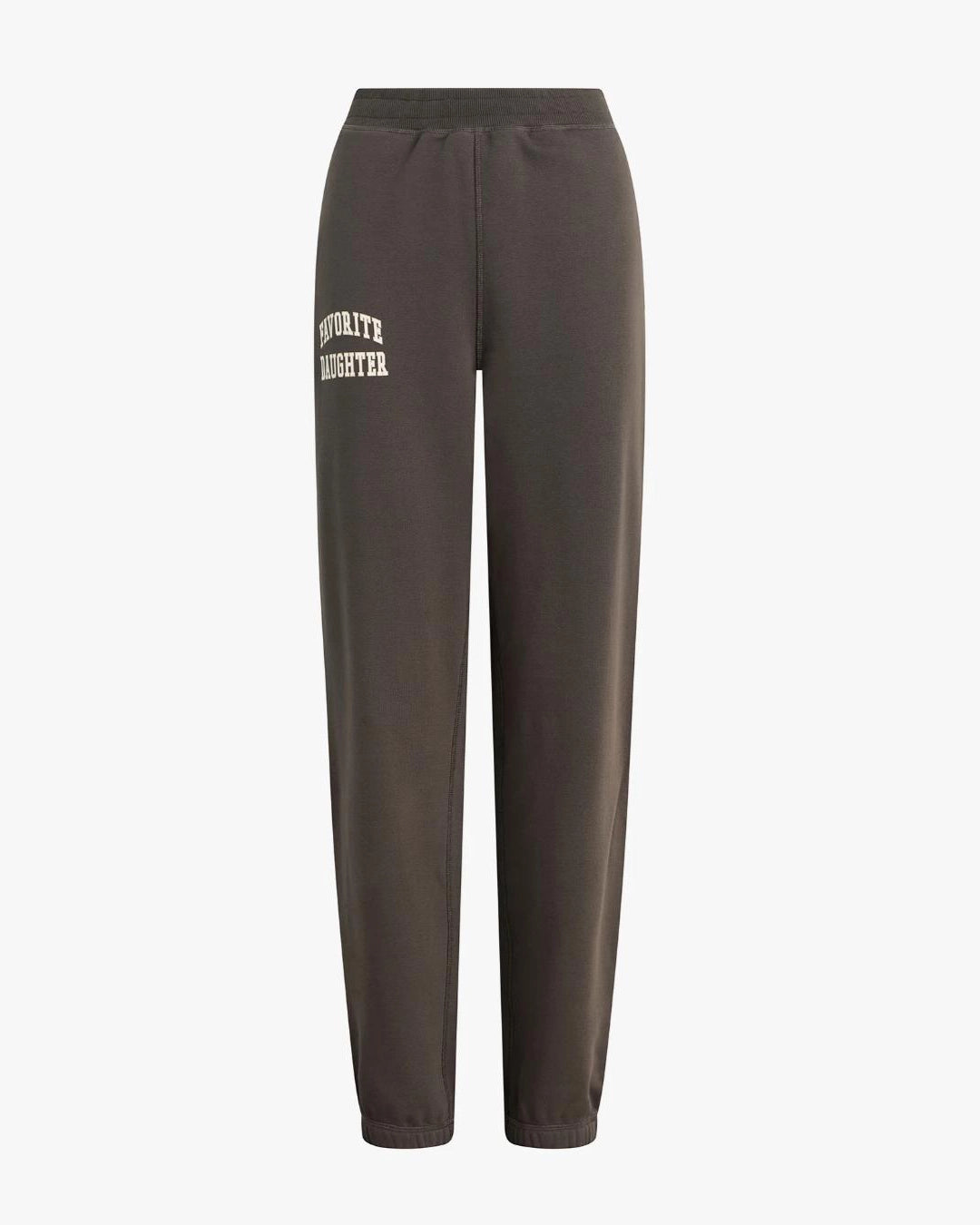 dark brown sweatpants with 'favourite daughter' in varsity letters on them 