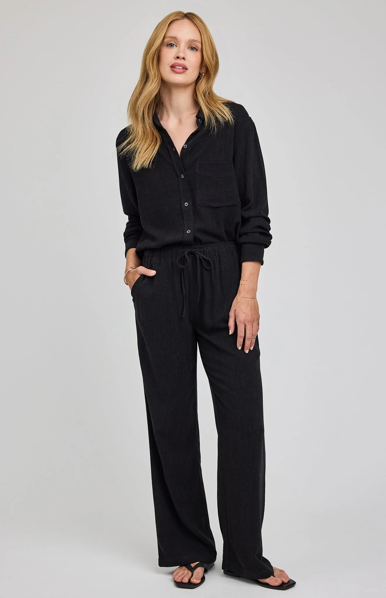 wide leg linen pant in black
