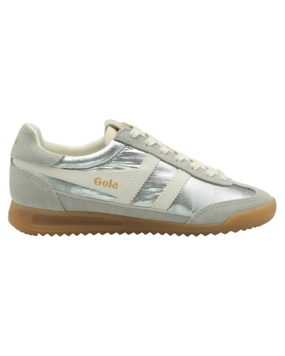 grey and silver sneaker with cream details and laces