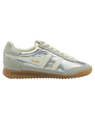 grey and silver sneaker with cream details and laces