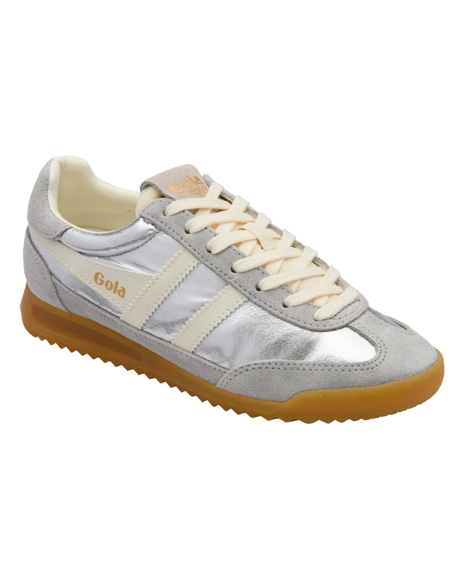 grey and silver sneaker with cream details and laces